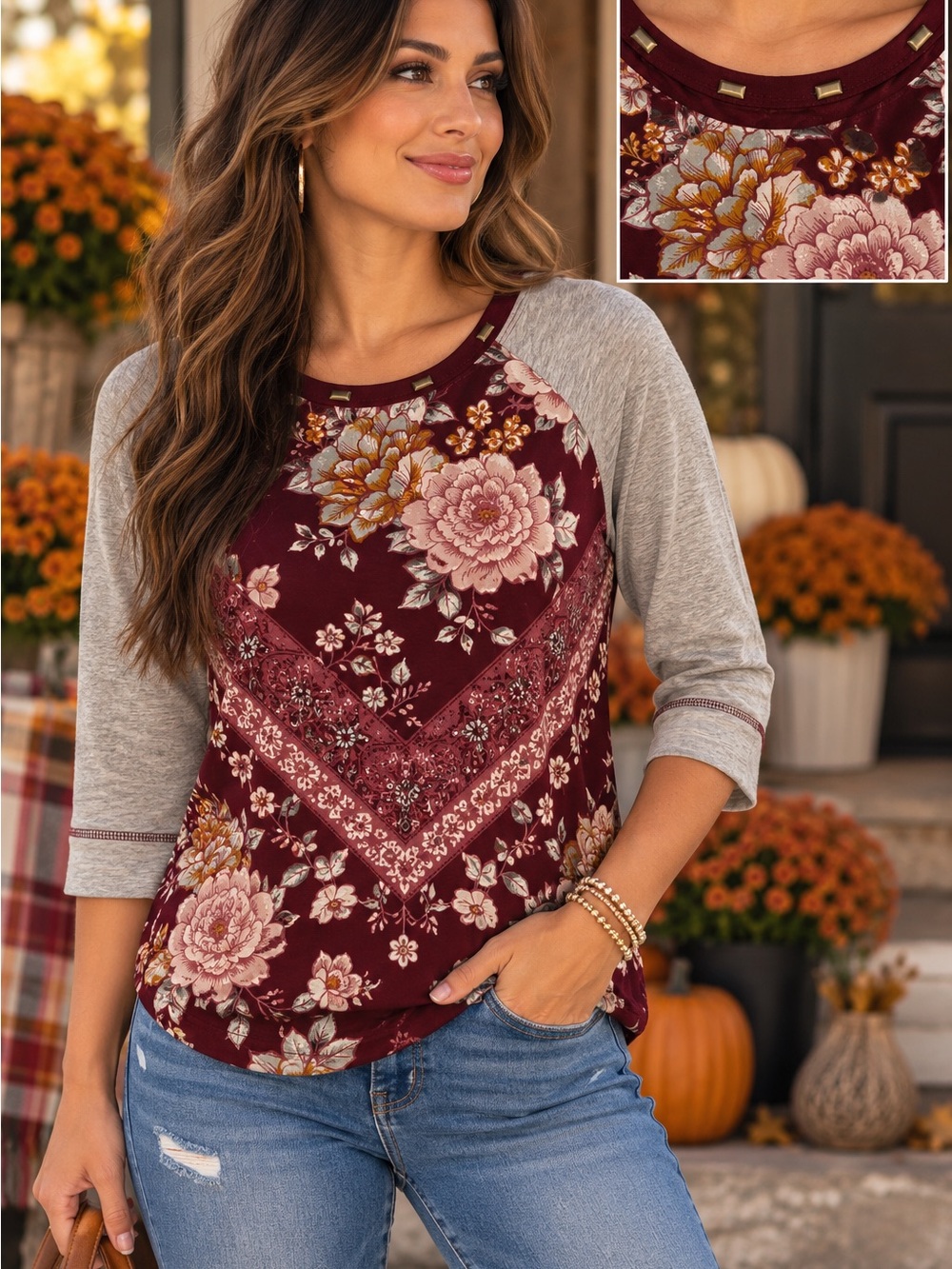 LARGE Rewind brand baseball style top floral shirt brass accents gray burgundy